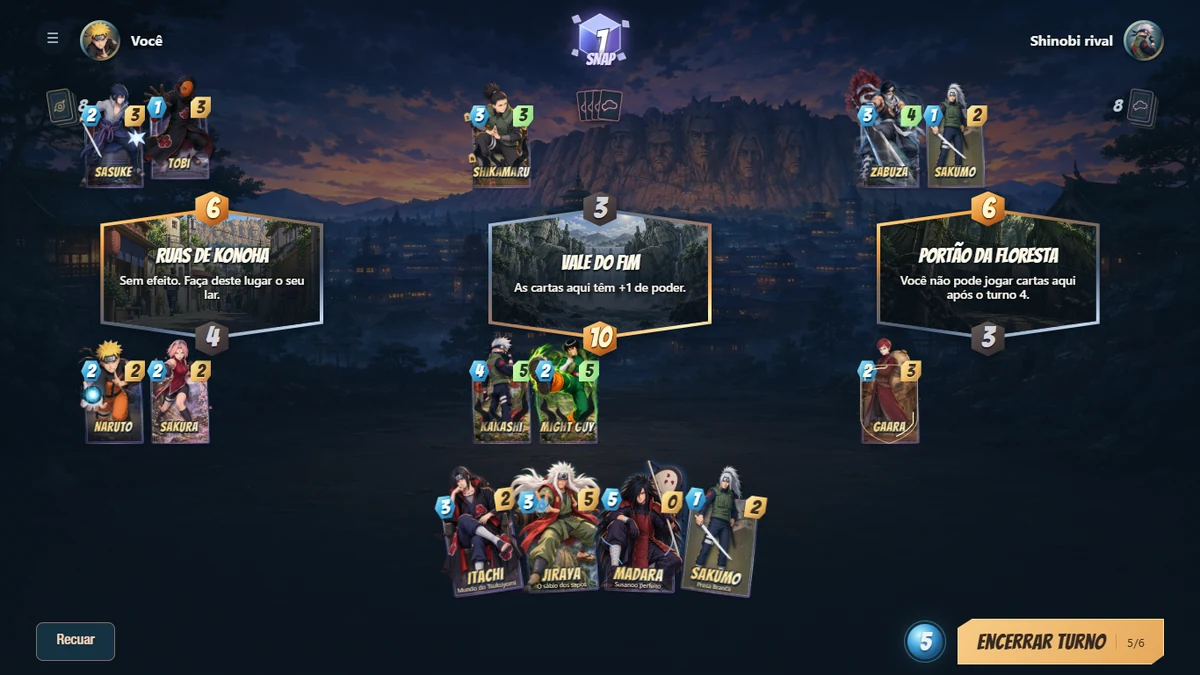 Partida de Ninja Snap com cartas disputando os três locais do tabuleiro