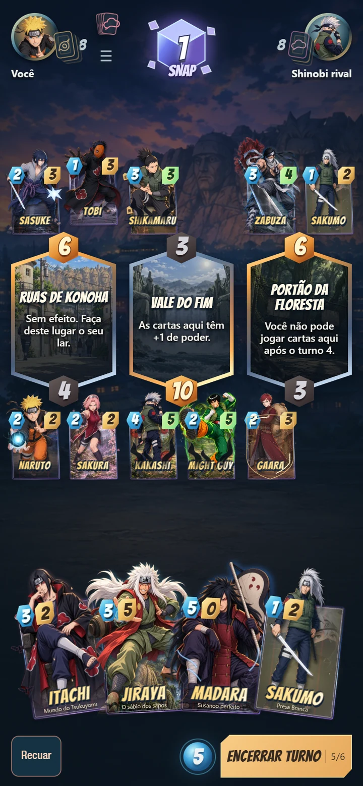 Interface da batalha no celular, com cartas na mão e o botão de encerrar turno