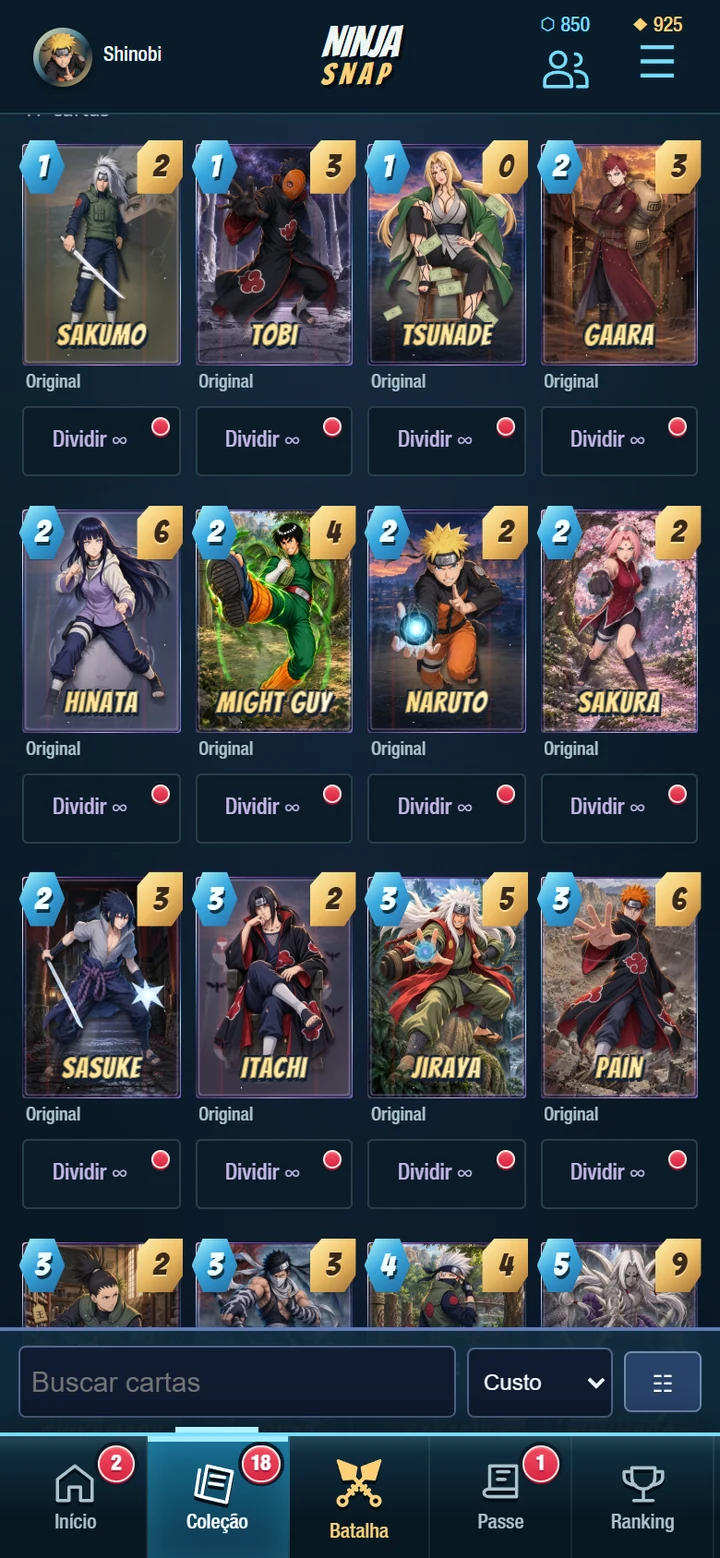 Coleção de ninjas com suas raridades, custo, poder e progresso de evolução