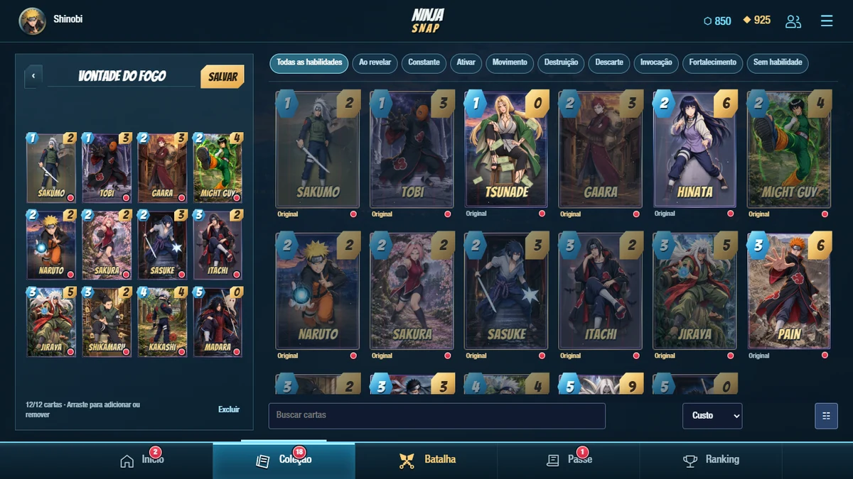 Editor de deck com as cartas escolhidas e a coleção disponível para montar uma estratégia